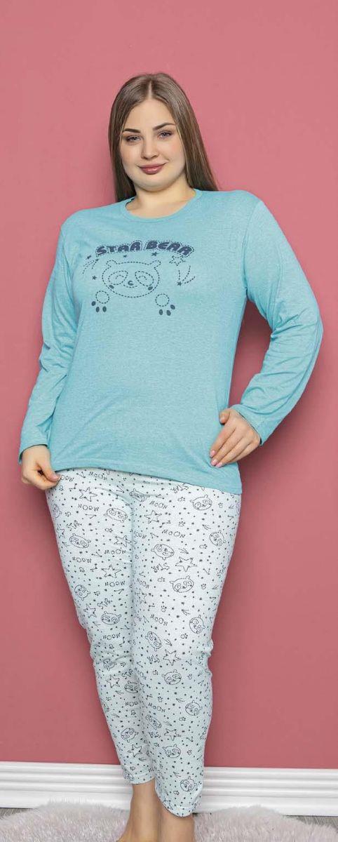 Pijama Takımı Büyük Beden Panda Baskılı Pamuklu Pijama Takımı Mavi