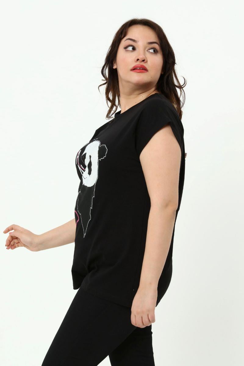 Tshirt Büyük Beden Panda Baskılı Yarasa Kol T-Shirt Siyah