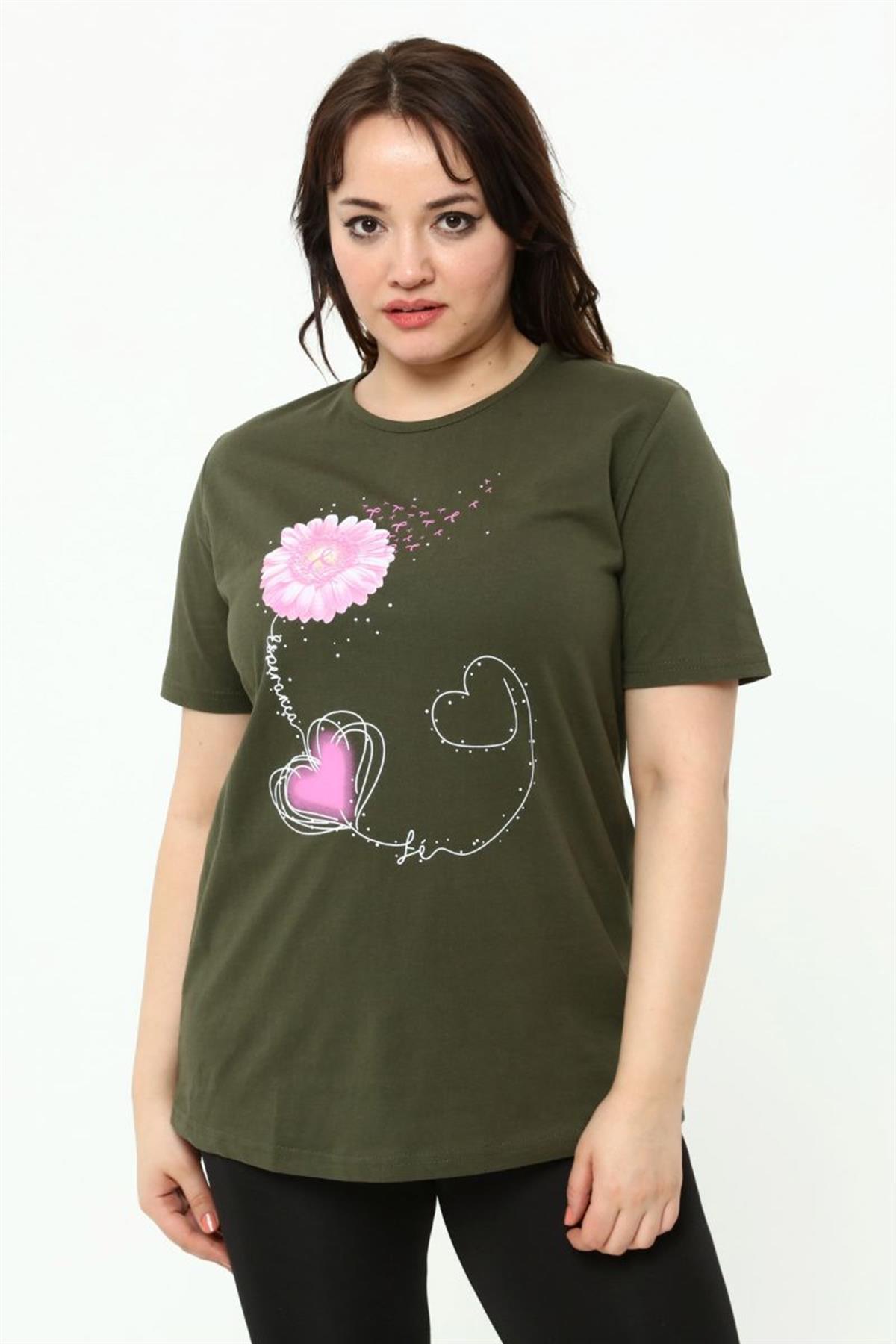 Tshirt Büyük Beden Papatya Baskılı T-Shirt Haki