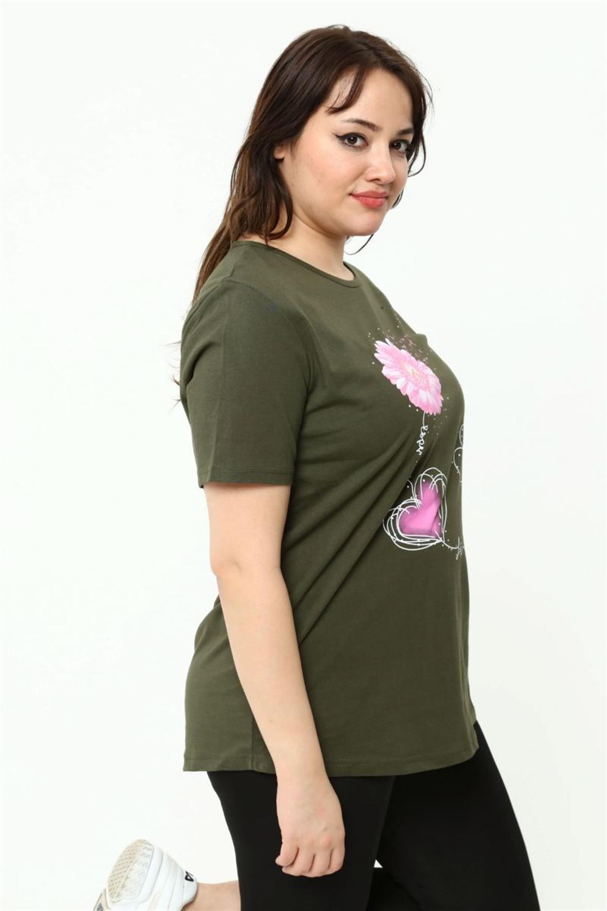 Tshirt Büyük Beden Papatya Baskılı T-Shirt Haki