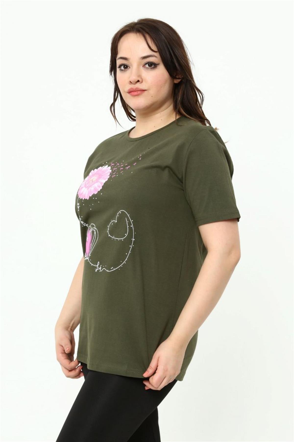 Tshirt Büyük Beden Papatya Baskılı T-Shirt Haki