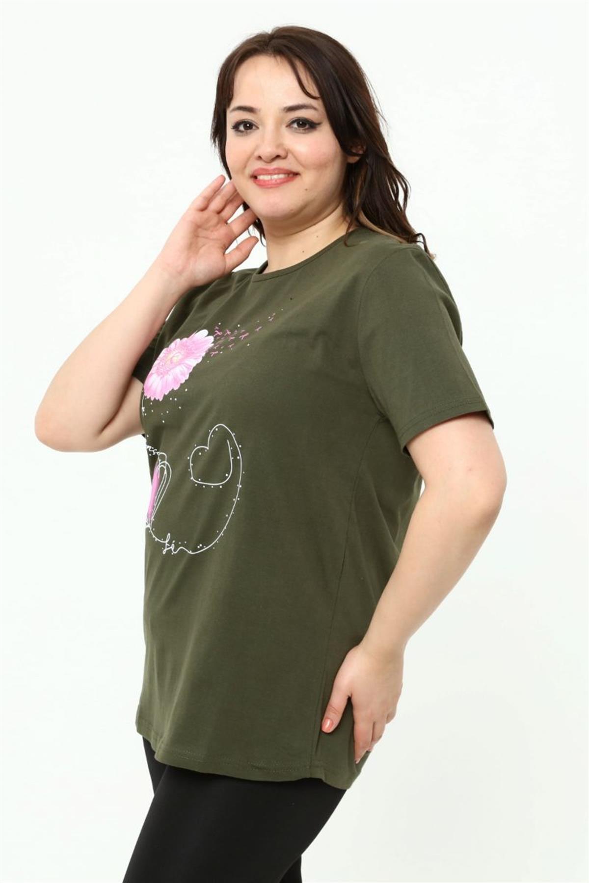 Tshirt Büyük Beden Papatya Baskılı T-Shirt Haki