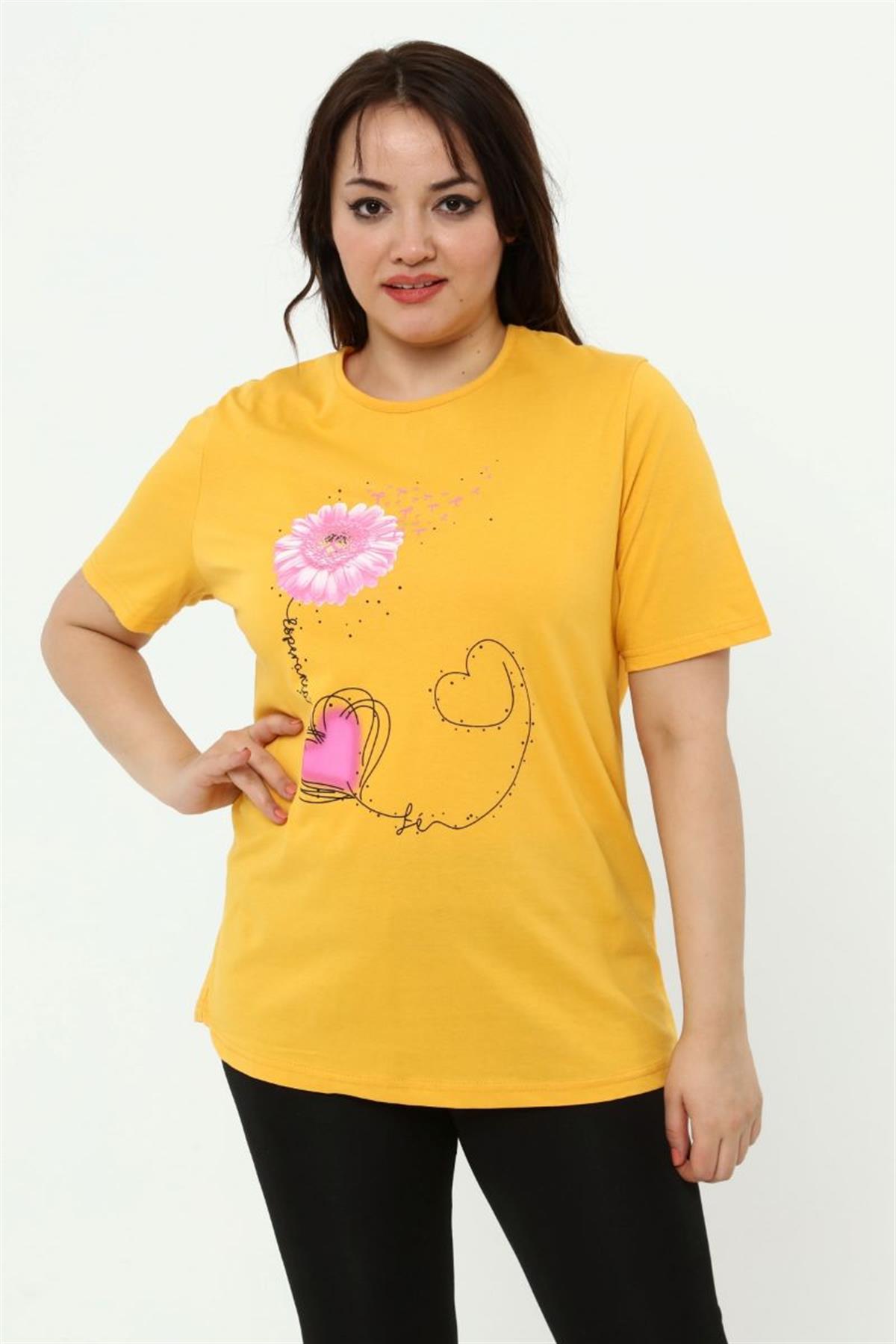 Tshirt Büyük Beden Papatya Baskılı T-Shirt Sarı