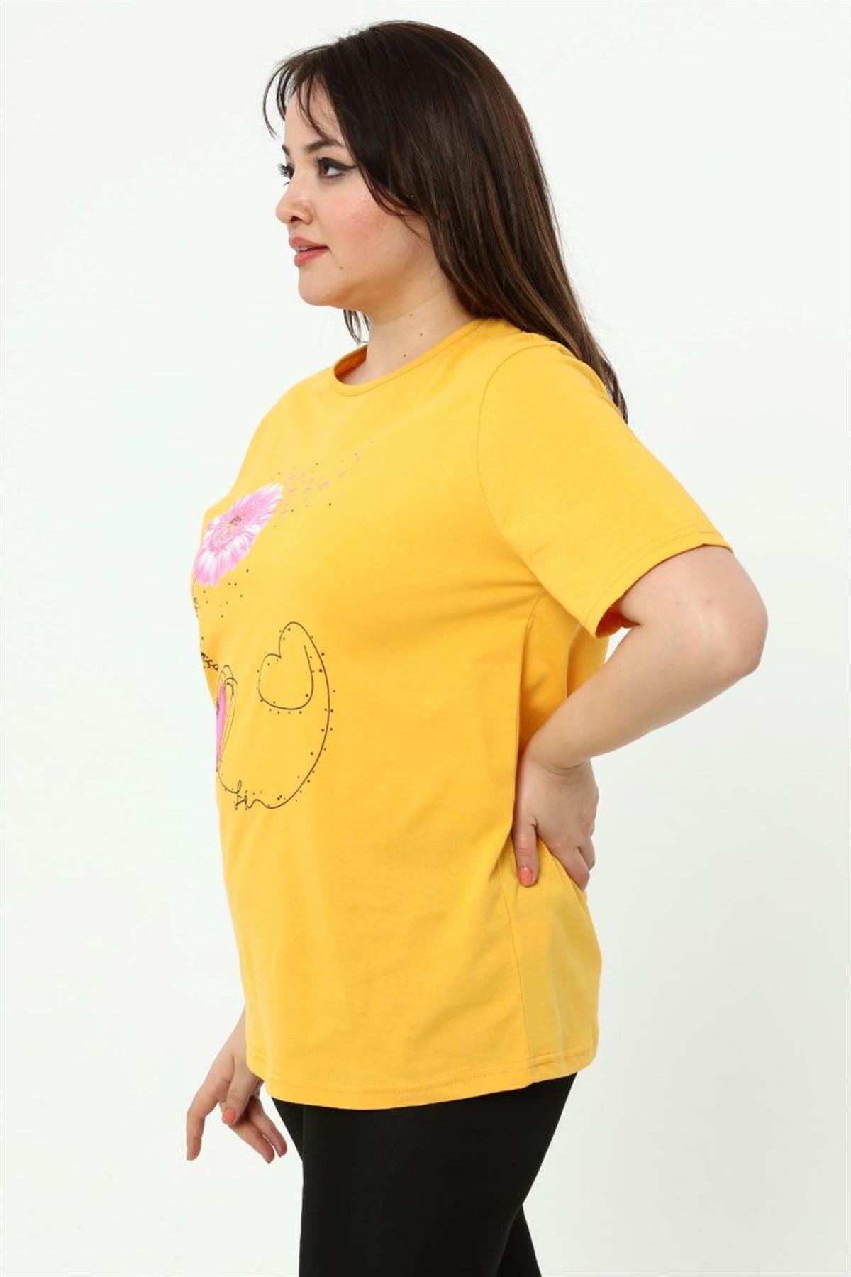 Tshirt Büyük Beden Papatya Baskılı T-Shirt Sarı