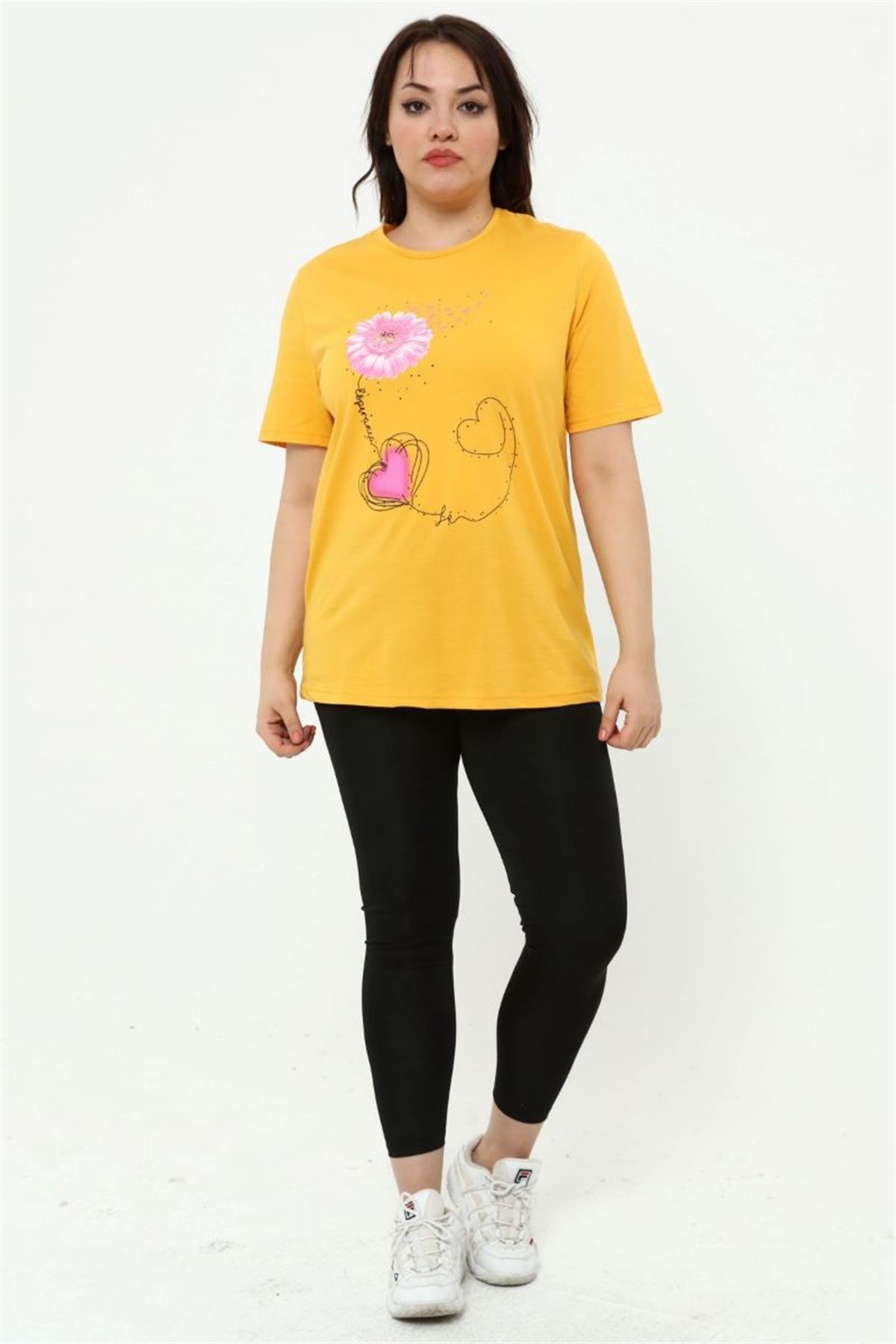 Tshirt Büyük Beden Papatya Baskılı T-Shirt Sarı