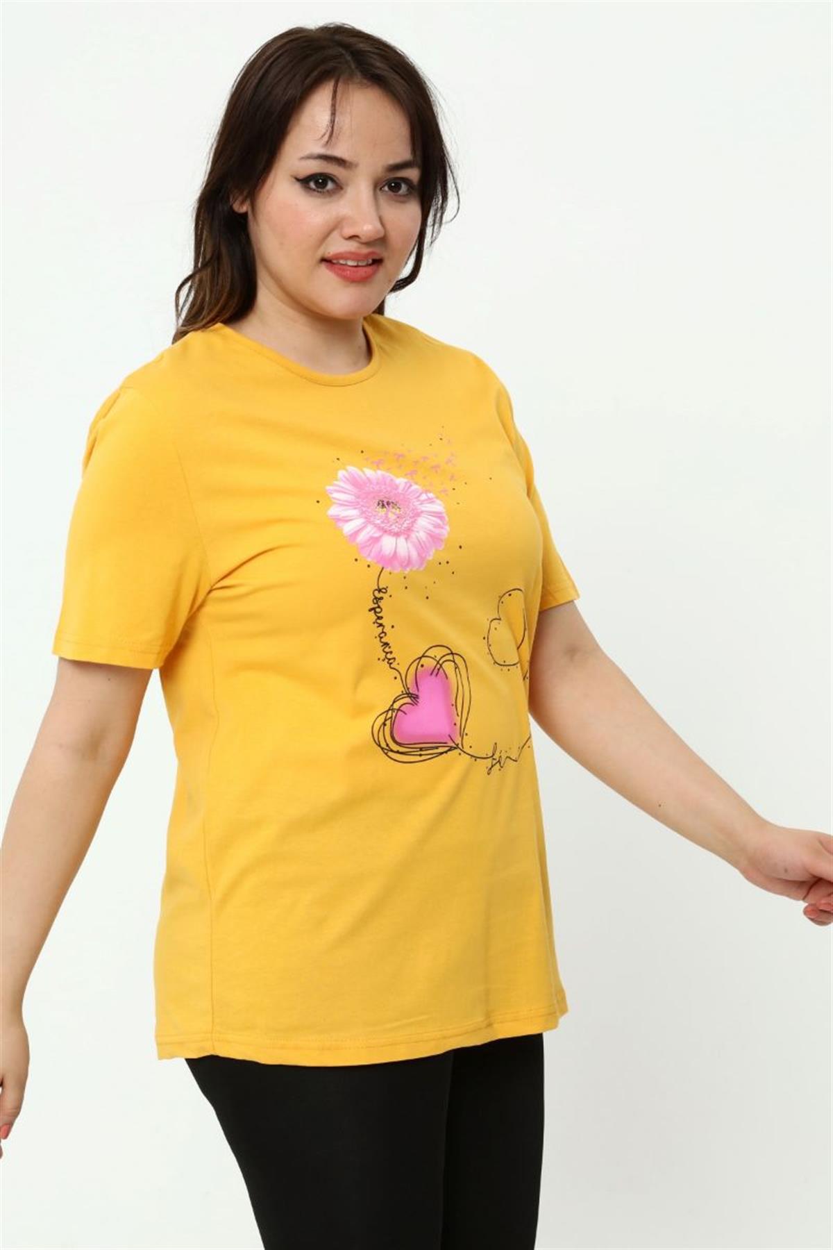 Tshirt Büyük Beden Papatya Baskılı T-Shirt Sarı