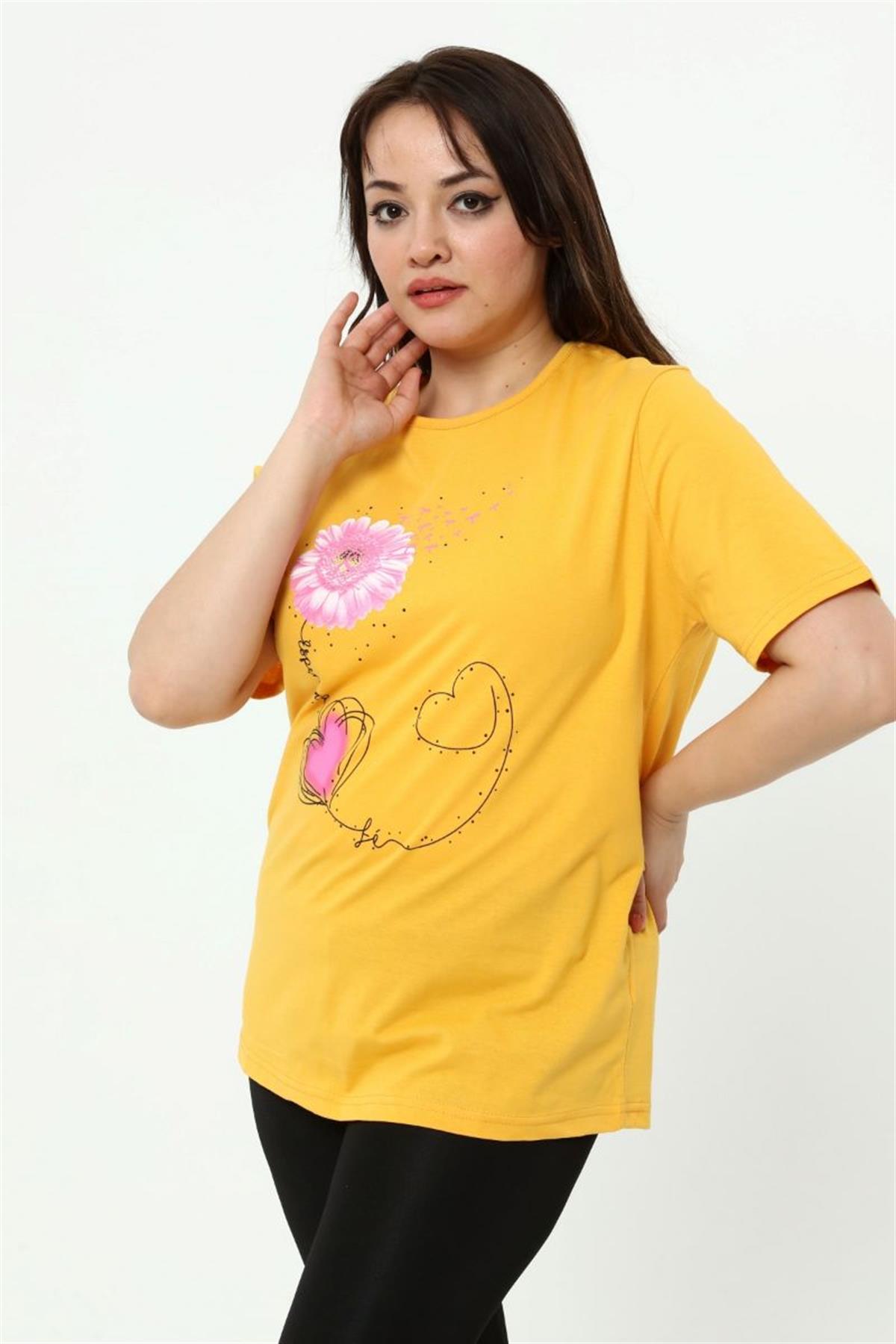 Tshirt Büyük Beden Papatya Baskılı T-Shirt Sarı
