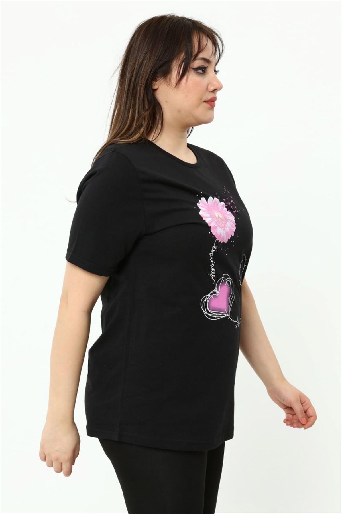 Tshirt Büyük Beden Papatya Baskılı T-Shirt Siyah
