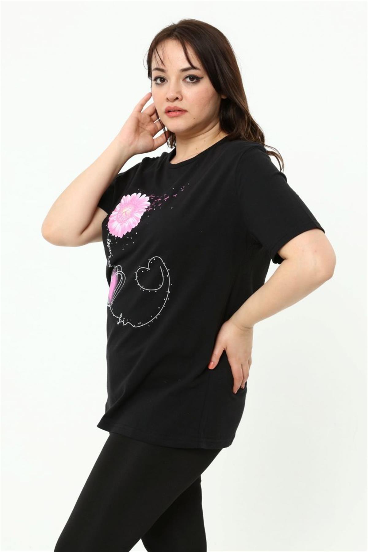 Tshirt Büyük Beden Papatya Baskılı T-Shirt Siyah