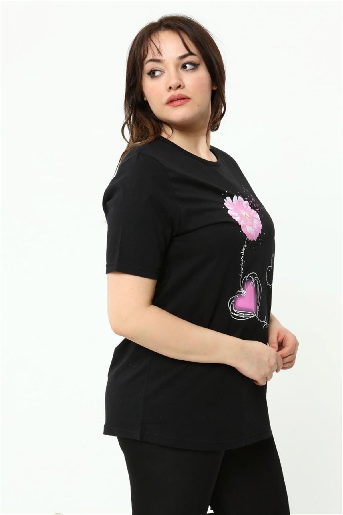 Tshirt Büyük Beden Papatya Baskılı T-Shirt Siyah