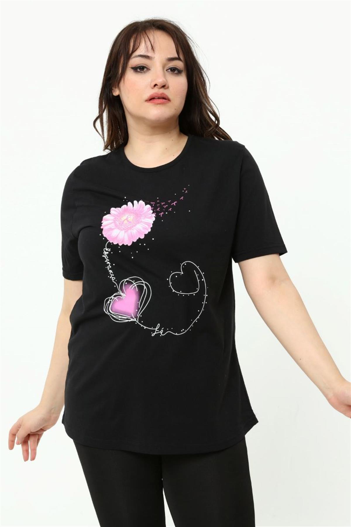Tshirt Büyük Beden Papatya Baskılı T-Shirt Siyah