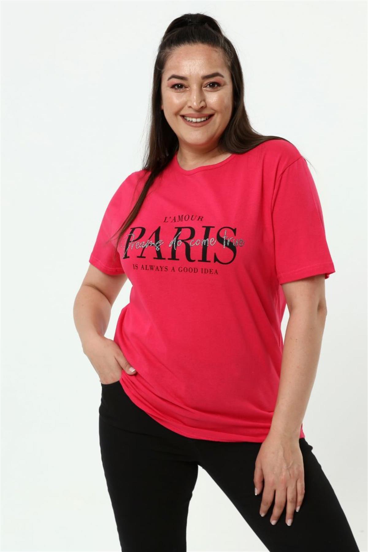 Tshirt Büyük Beden Paris Baskılı Bisiklet Yaka T-Shirt Fuşya