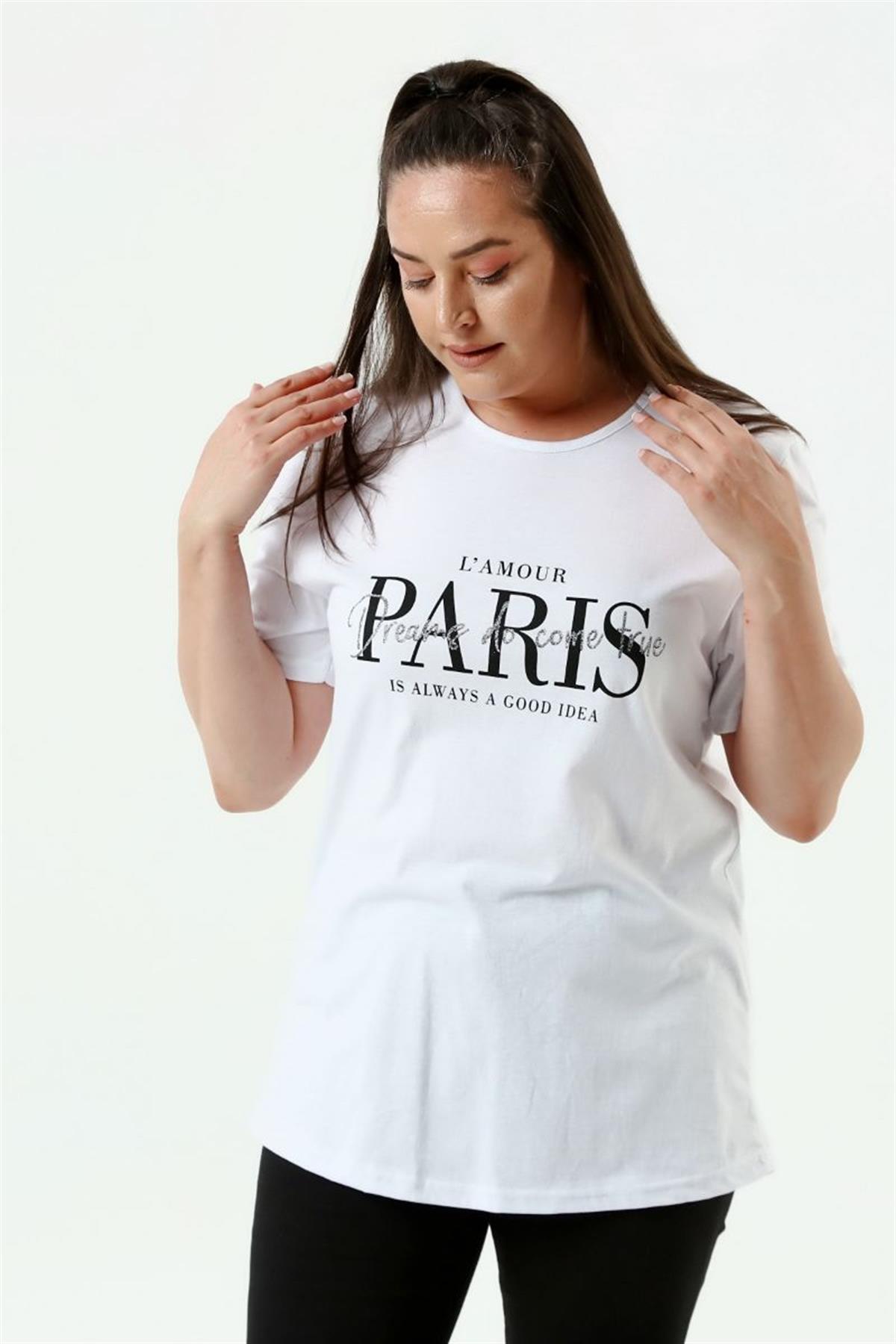 Tshirt Büyük Beden Paris Baskılı Bisiklet Yaka T-Shirt Beyaz