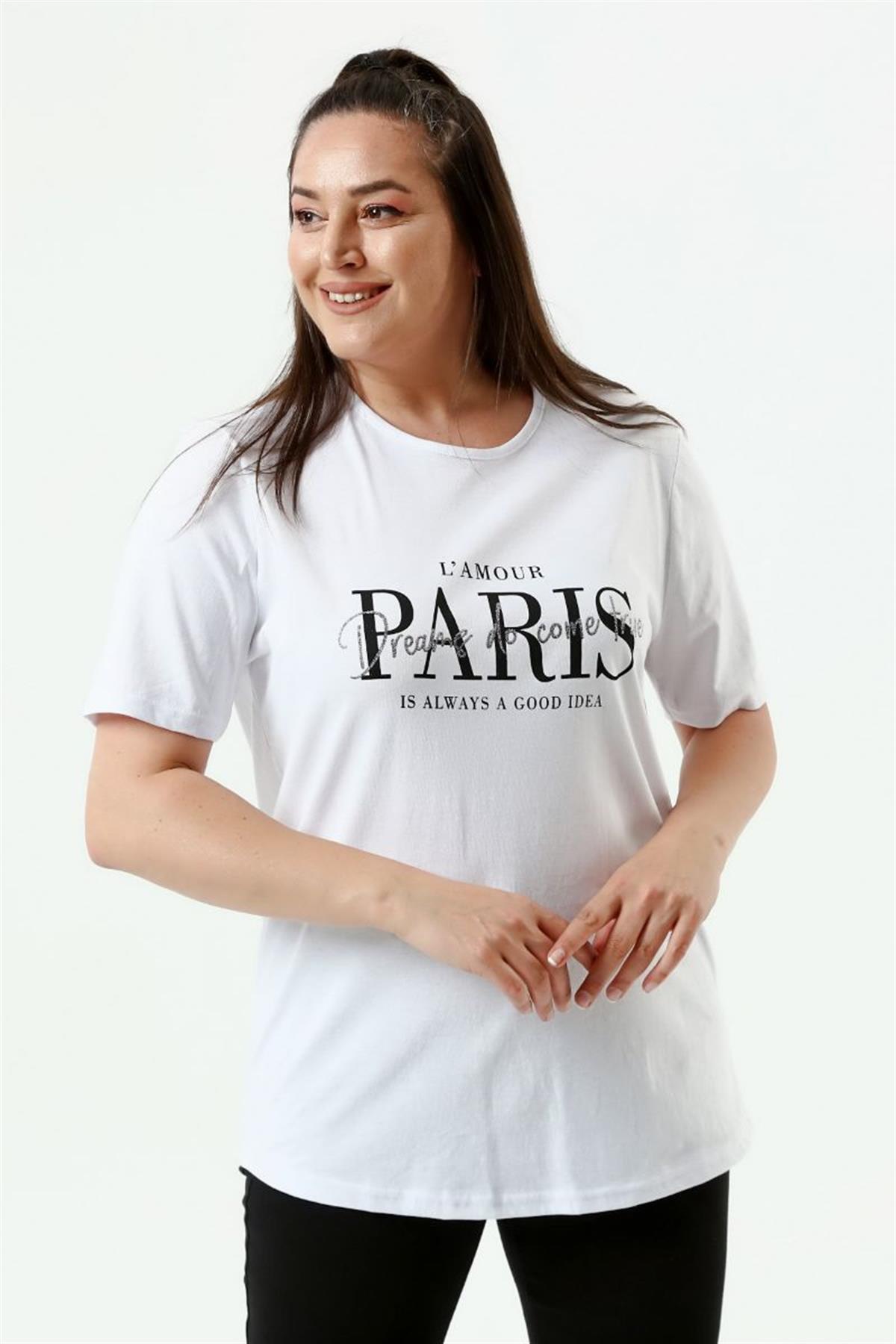 Tshirt Büyük Beden Paris Baskılı Bisiklet Yaka T-Shirt Beyaz