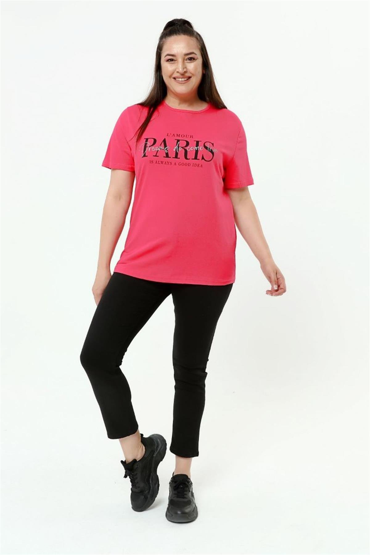 Tshirt Büyük Beden Paris Baskılı Bisiklet Yaka T-Shirt Fuşya