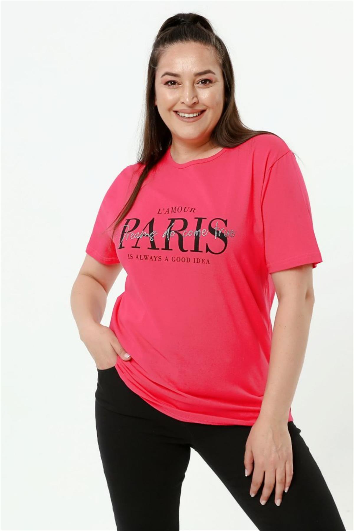 Tshirt Büyük Beden Paris Baskılı Bisiklet Yaka T-Shirt Fuşya