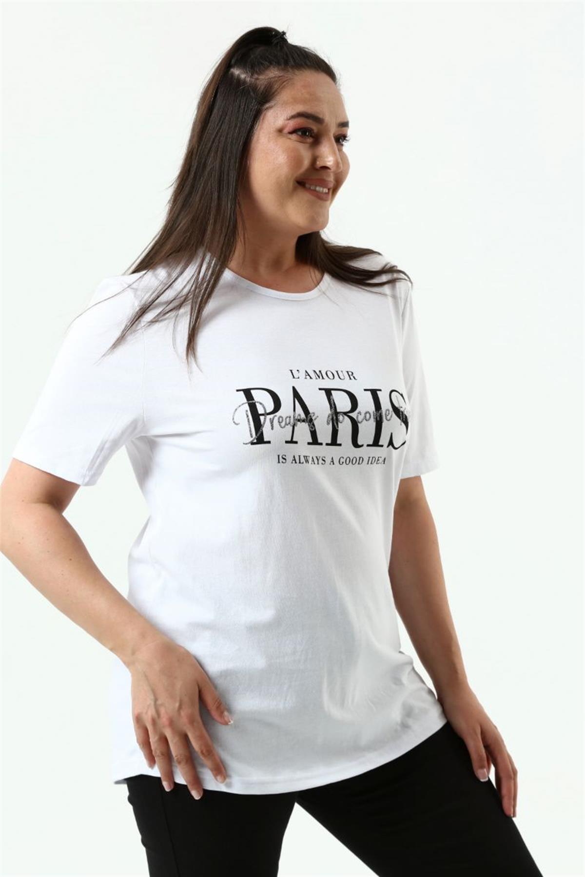 Tshirt Büyük Beden Paris Baskılı Bisiklet Yaka T-Shirt Beyaz