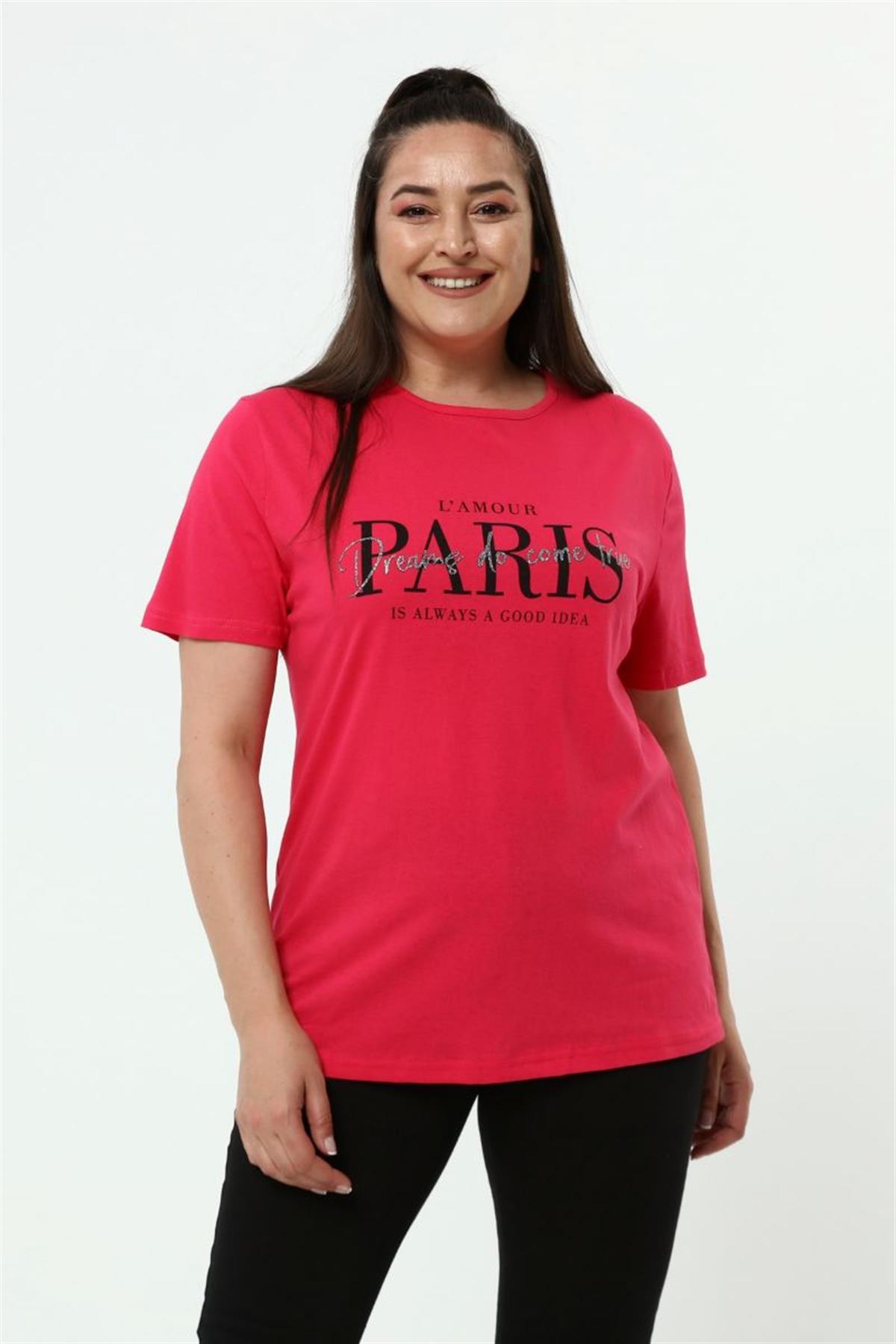 Tshirt Büyük Beden Paris Baskılı Bisiklet Yaka T-Shirt Fuşya