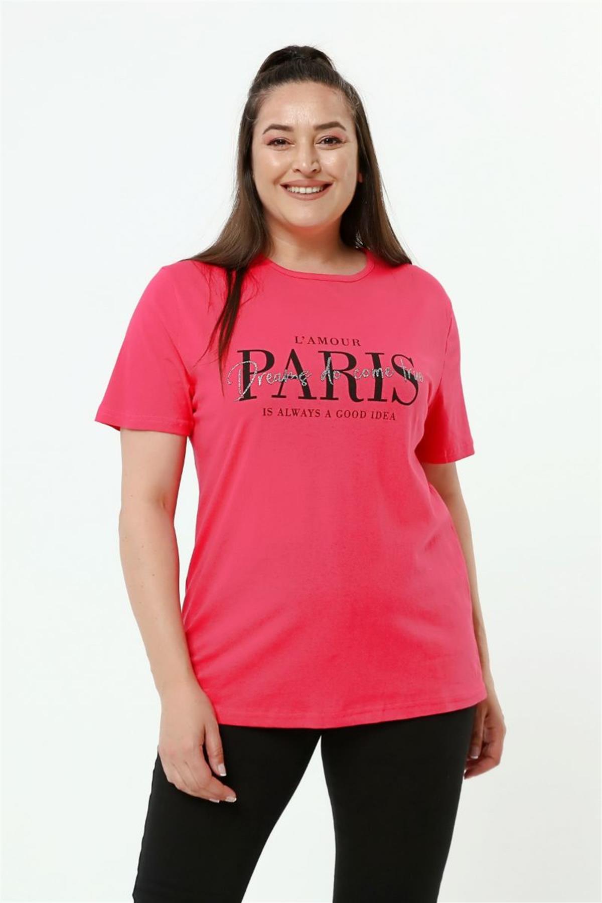 Tshirt Büyük Beden Paris Baskılı Bisiklet Yaka T-Shirt Fuşya
