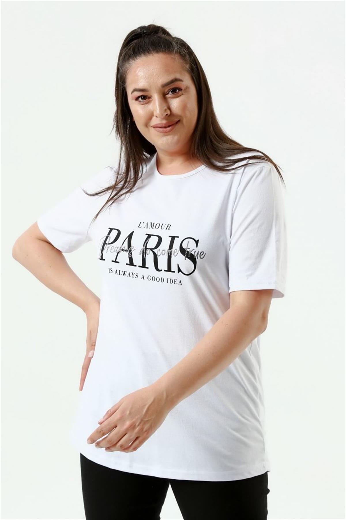 Tshirt Büyük Beden Paris Baskılı Bisiklet Yaka T-Shirt Beyaz