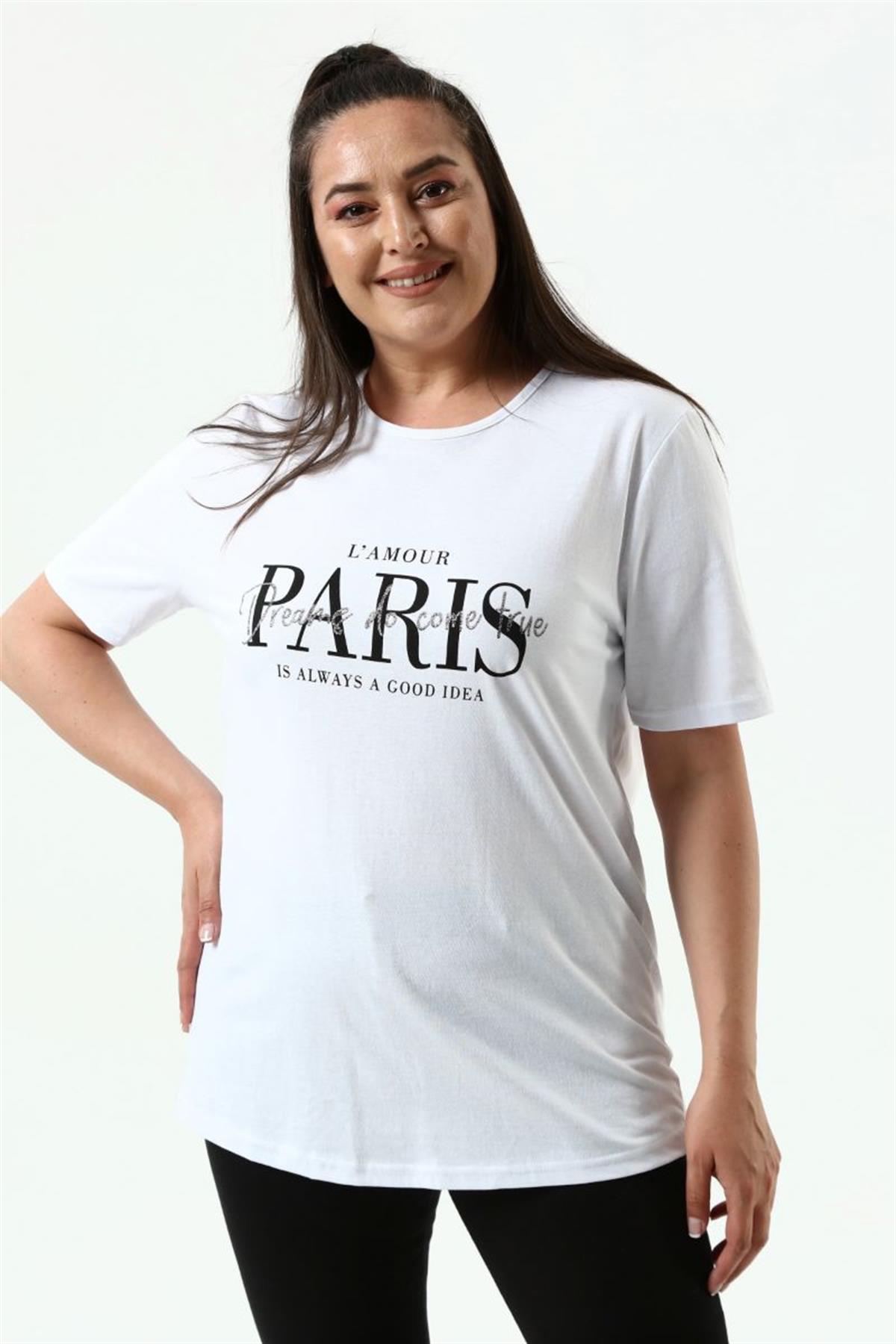 Tshirt Büyük Beden Paris Baskılı Bisiklet Yaka T-Shirt Beyaz