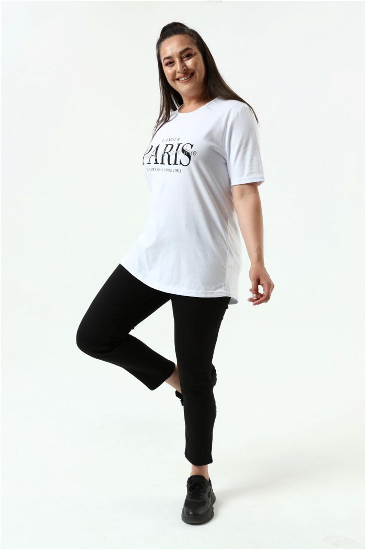 Tshirt Büyük Beden Paris Baskılı Bisiklet Yaka T-Shirt Beyaz