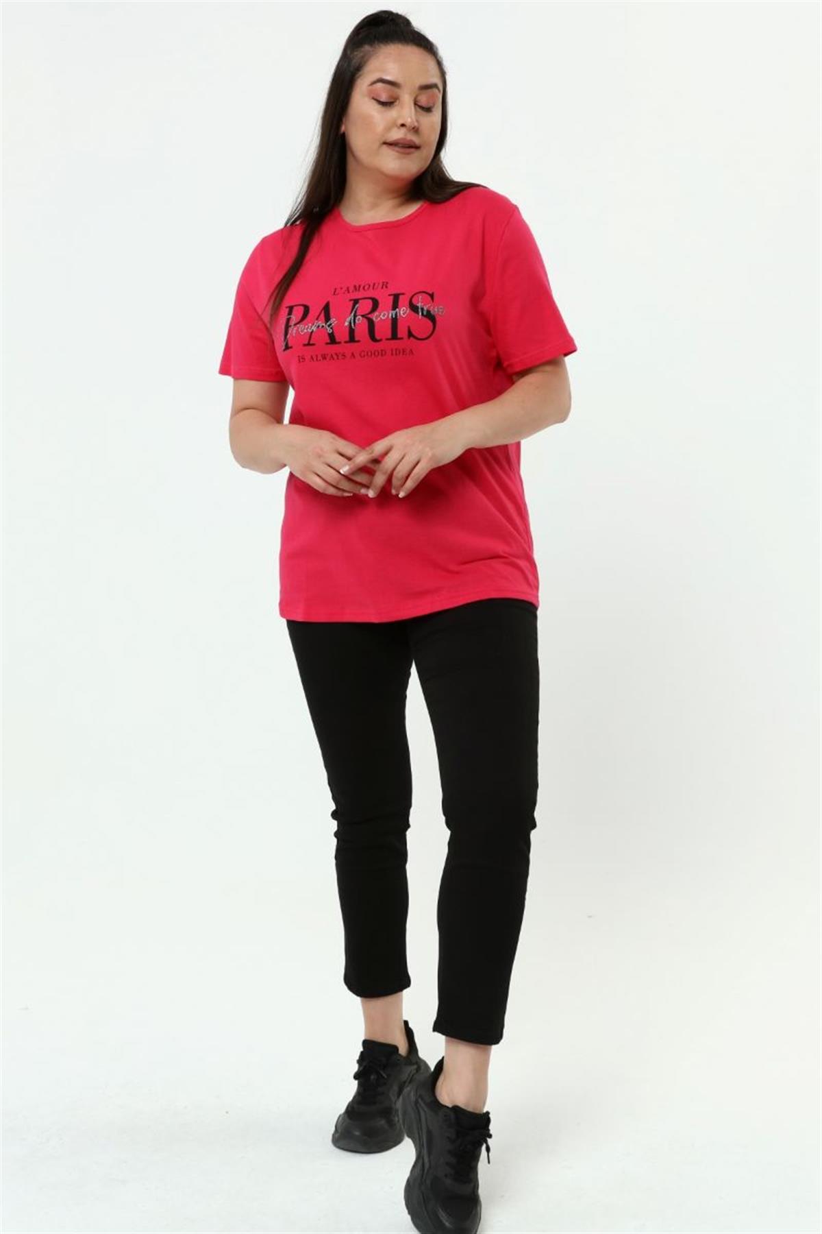 Tshirt Büyük Beden Paris Baskılı Bisiklet Yaka T-Shirt Fuşya