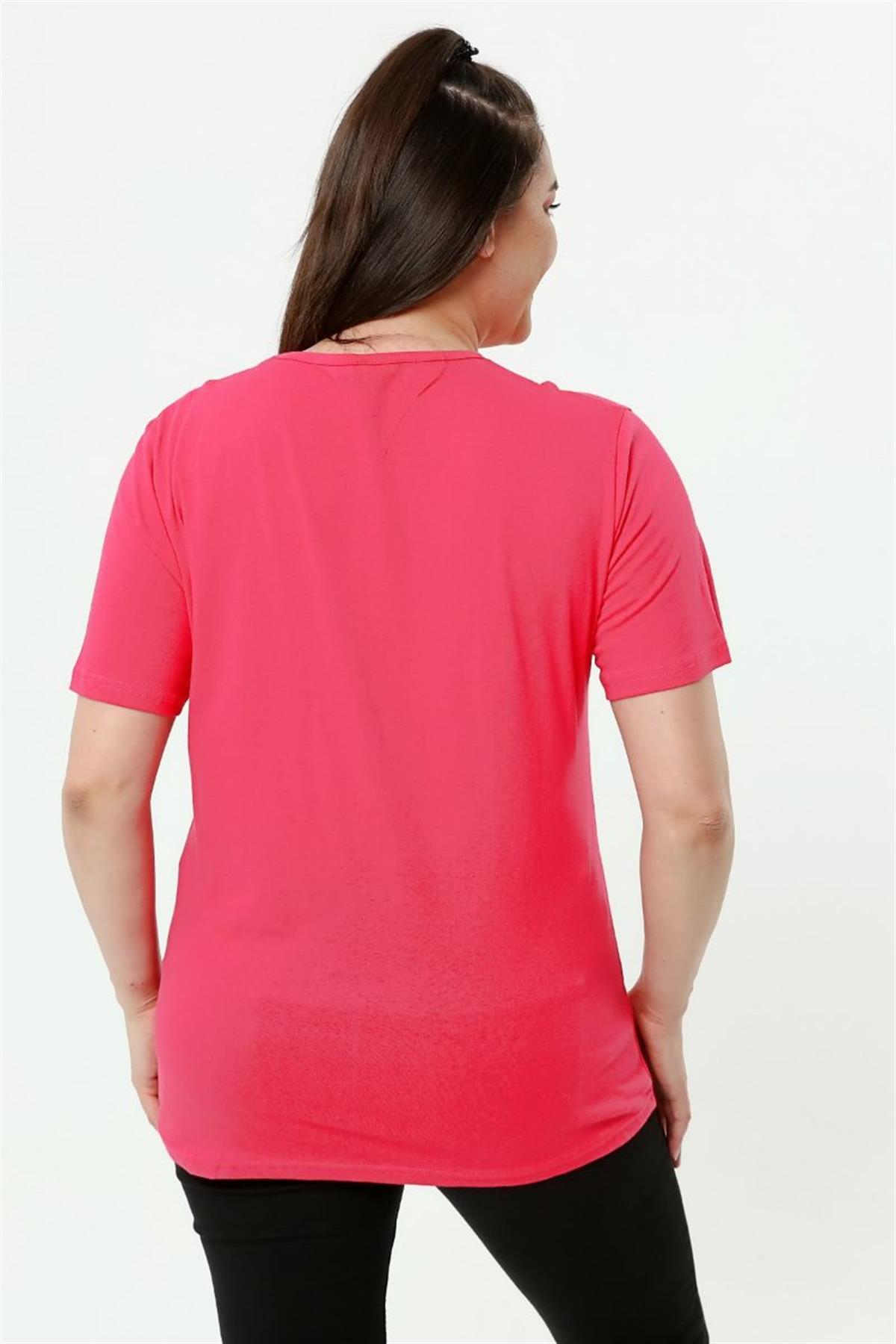 Tshirt Büyük Beden Paris Baskılı Bisiklet Yaka T-Shirt Fuşya