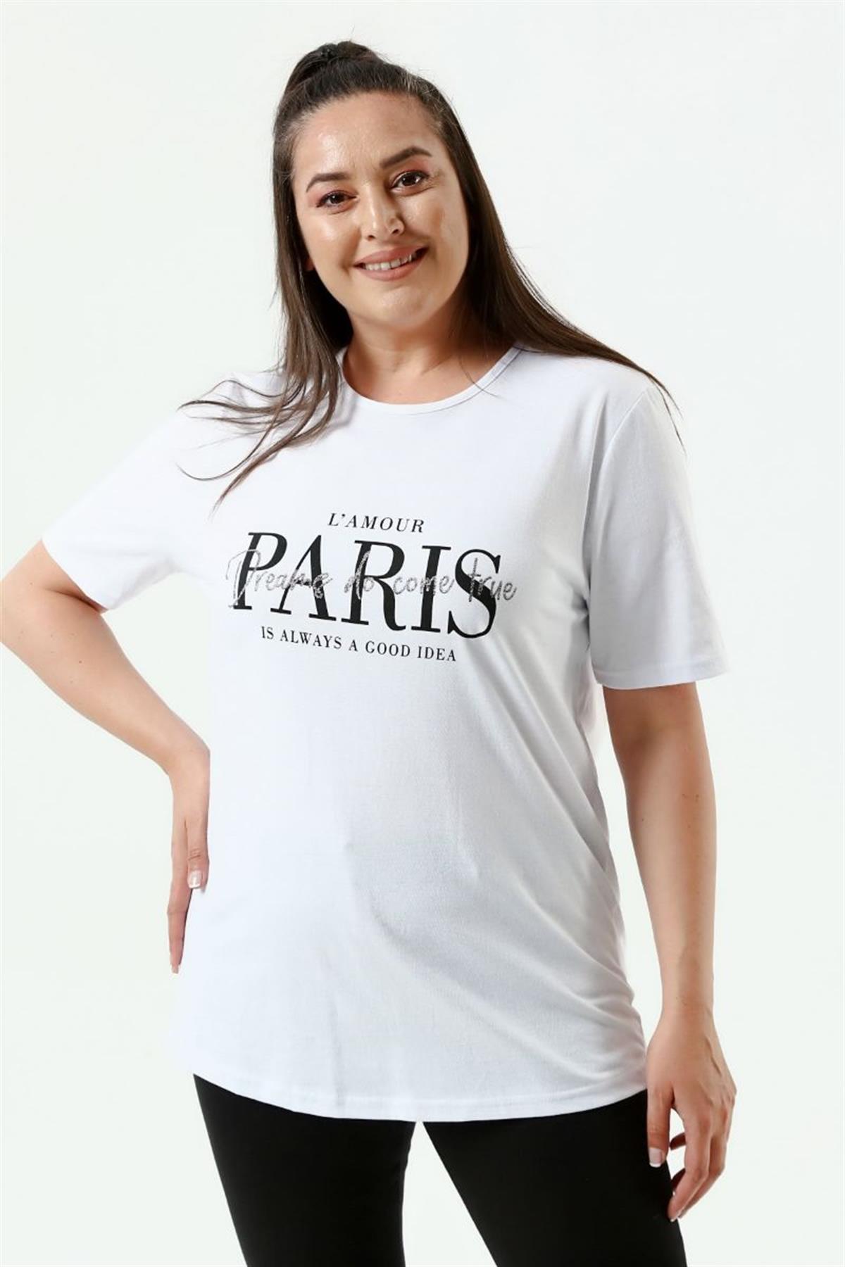 Tshirt Büyük Beden Paris Baskılı Bisiklet Yaka T-Shirt Beyaz