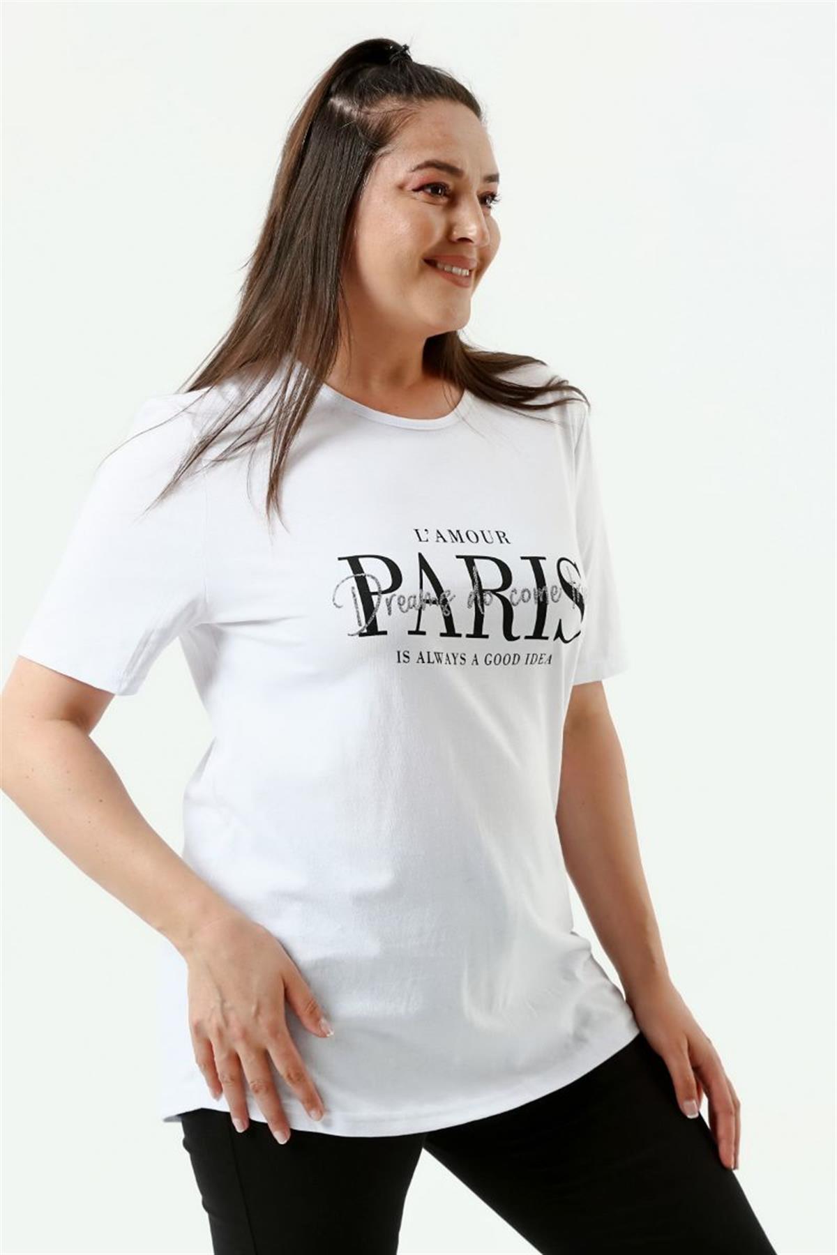 Tshirt Büyük Beden Paris Baskılı Bisiklet Yaka T-Shirt Beyaz