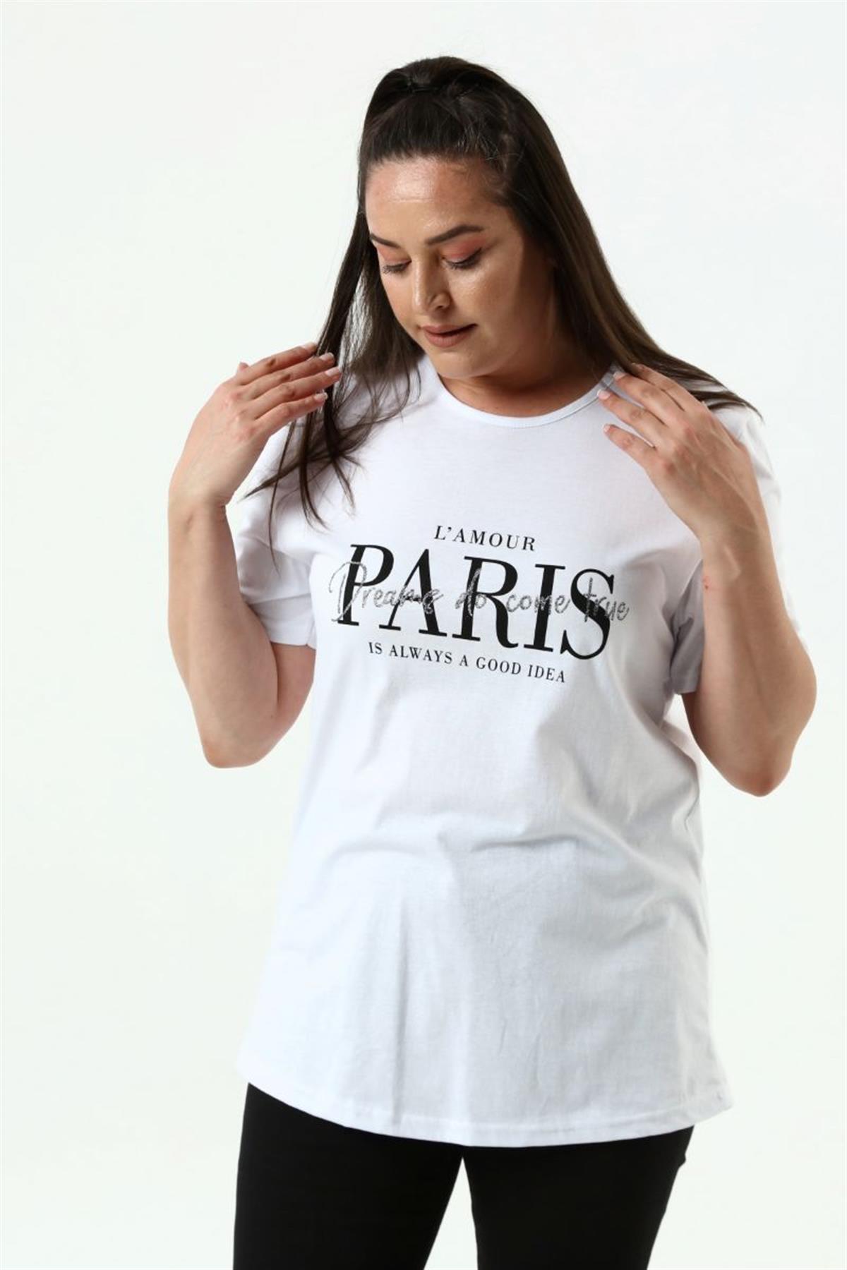Tshirt Büyük Beden Paris Baskılı Bisiklet Yaka T-Shirt Beyaz