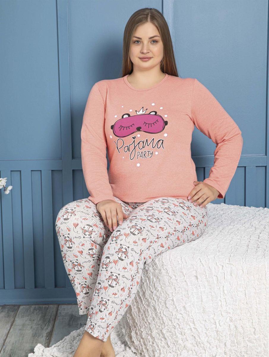 Pijama Takımı Büyük Beden Parti Baskılı Şardonlu Pijama Takımı Yavruağzı