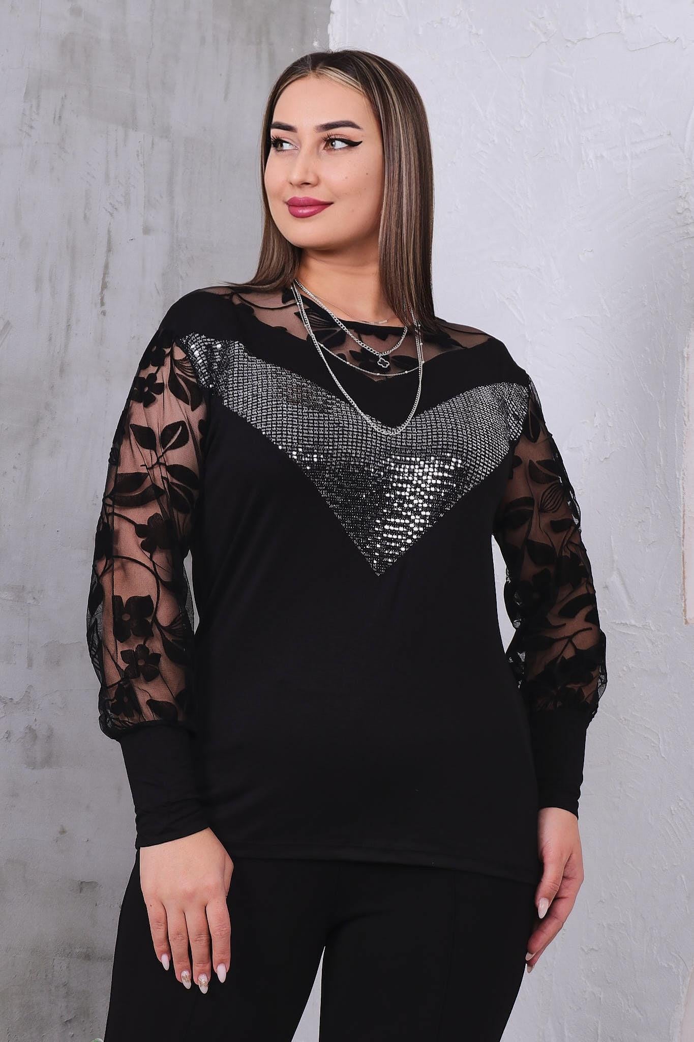 Uzun Kol Bluz Büyük Beden Payetli Kolları Flok Baskılı Bluz