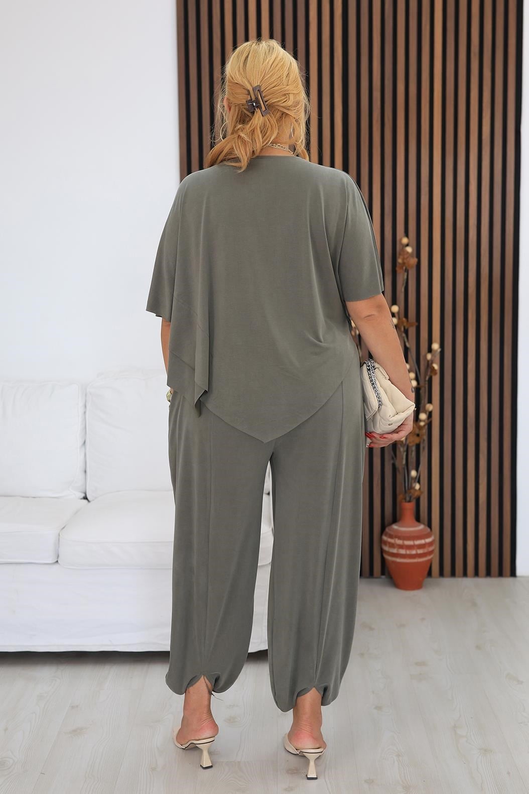 İkili Takım Büyük Beden Pelerin Bluzlu Tencel Modal Kumaş Takım