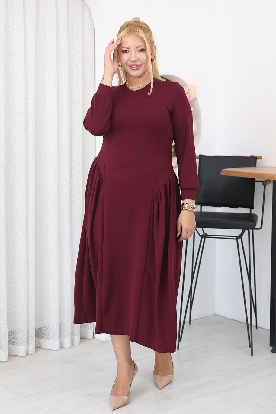 Elbise Büyük Beden Pile Detaylı Modal Kumaş Takım
