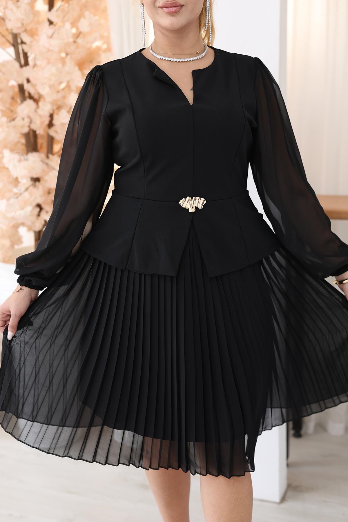 Davet Koleksiyonu Büyük Beden Piliseli Gold Aksesuarlı Abiye Elbise