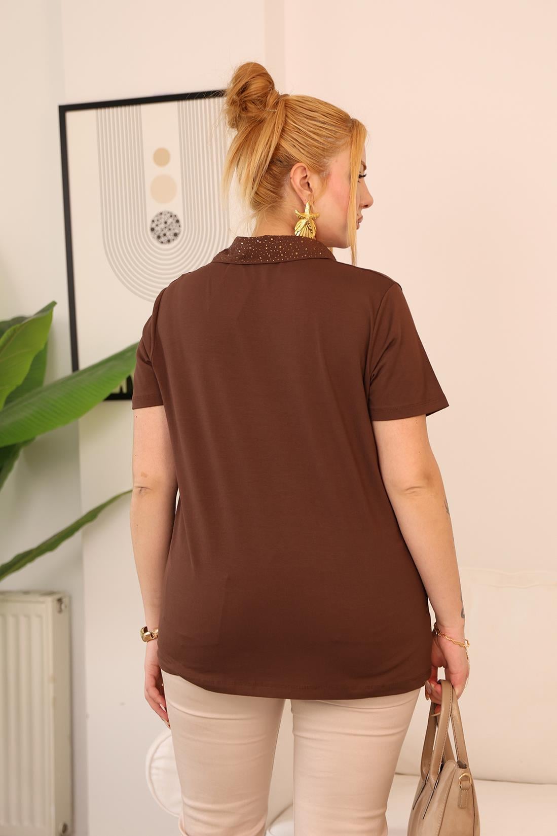 Kısa Kol Bluz Büyük Beden Polo Yaka Taşlı Bluz