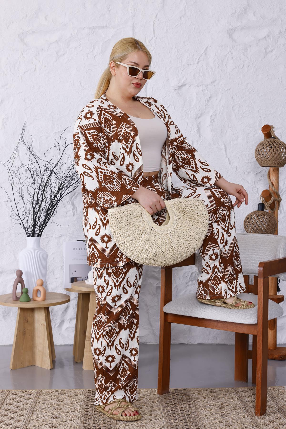 İkili Takım Büyük Beden Şal Desen Kimono Takım