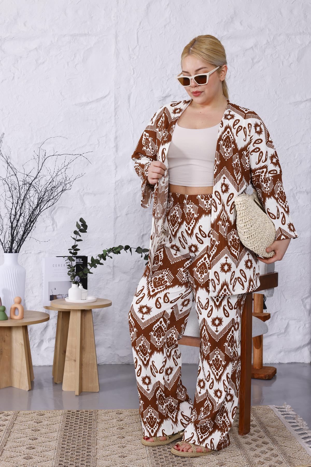 İkili Takım Büyük Beden Şal Desen Kimono Takım
