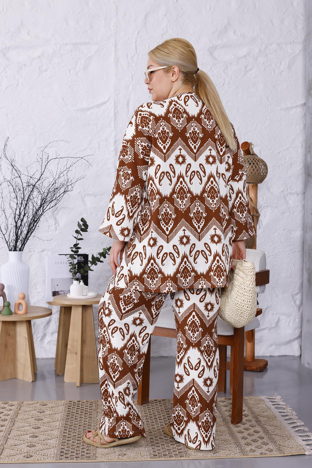 İkili Takım Büyük Beden Şal Desen Kimono Takım
