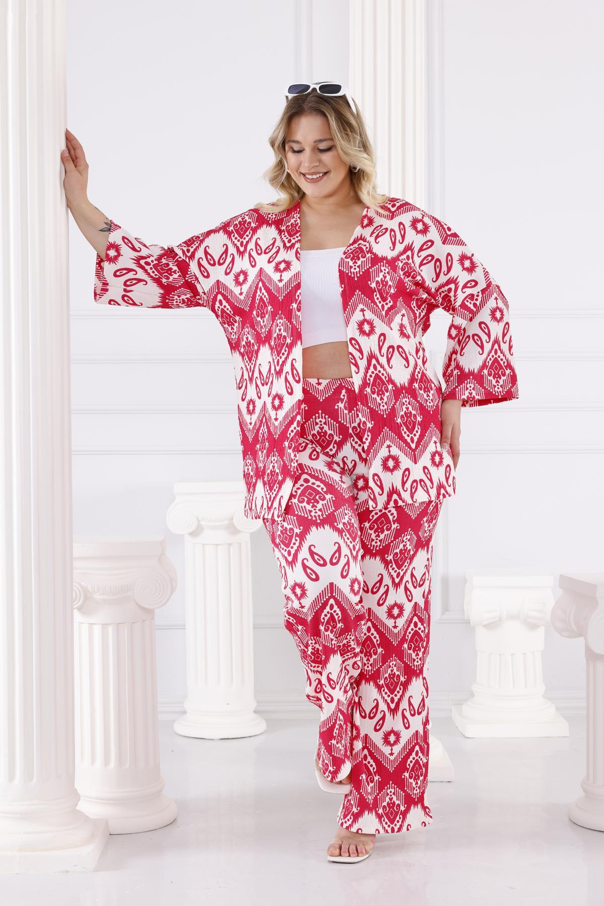 İkili Takım Büyük Beden Şal Desen Kimono Takım