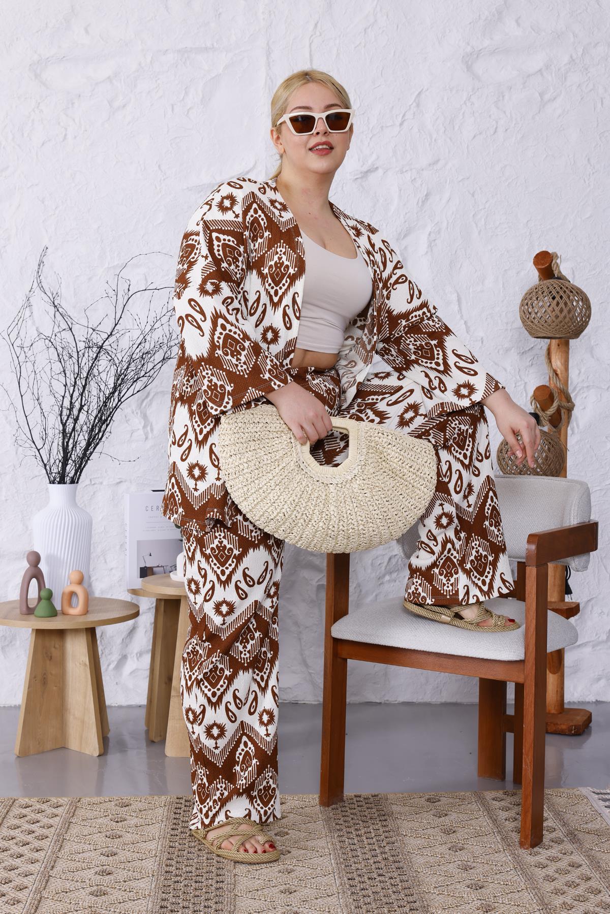 İkili Takım Büyük Beden Şal Desen Kimono Takım