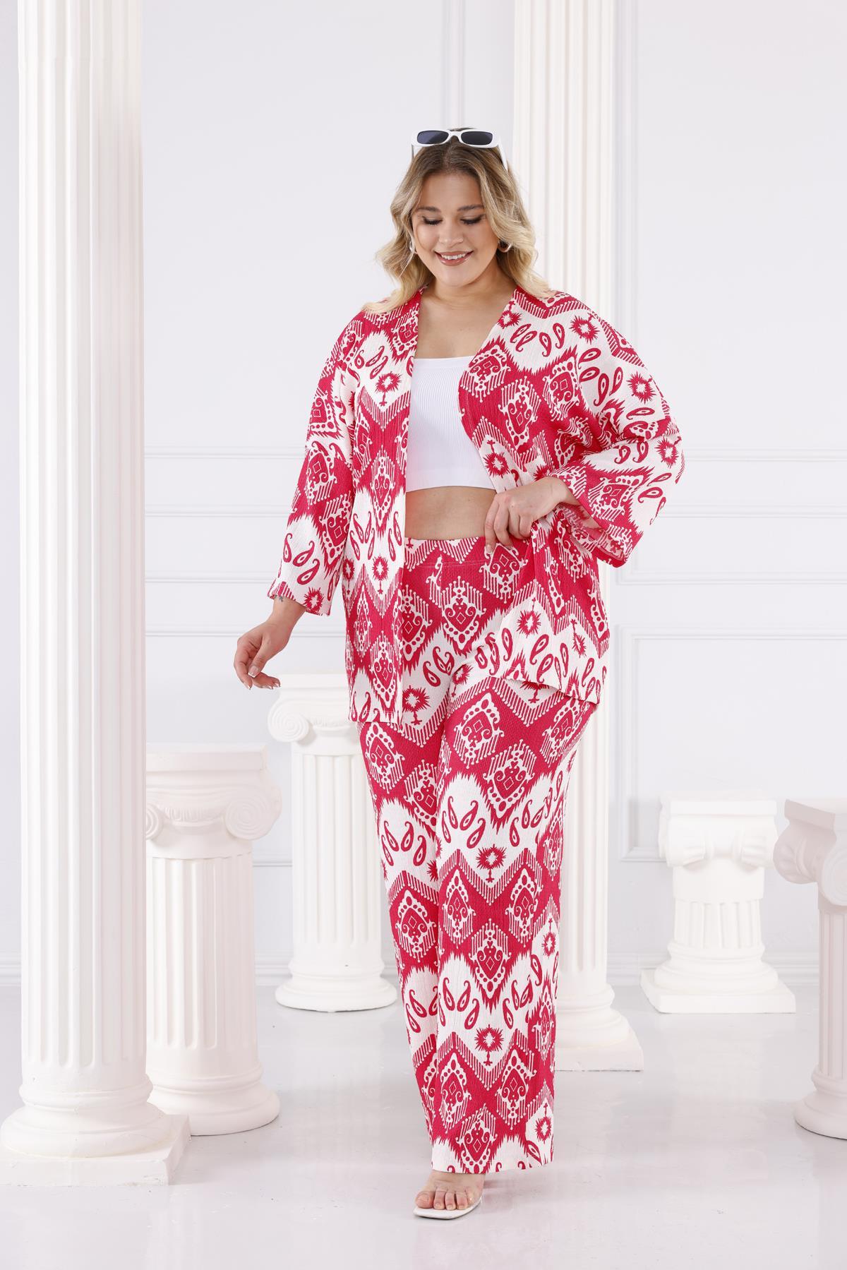 İkili Takım Büyük Beden Şal Desen Kimono Takım