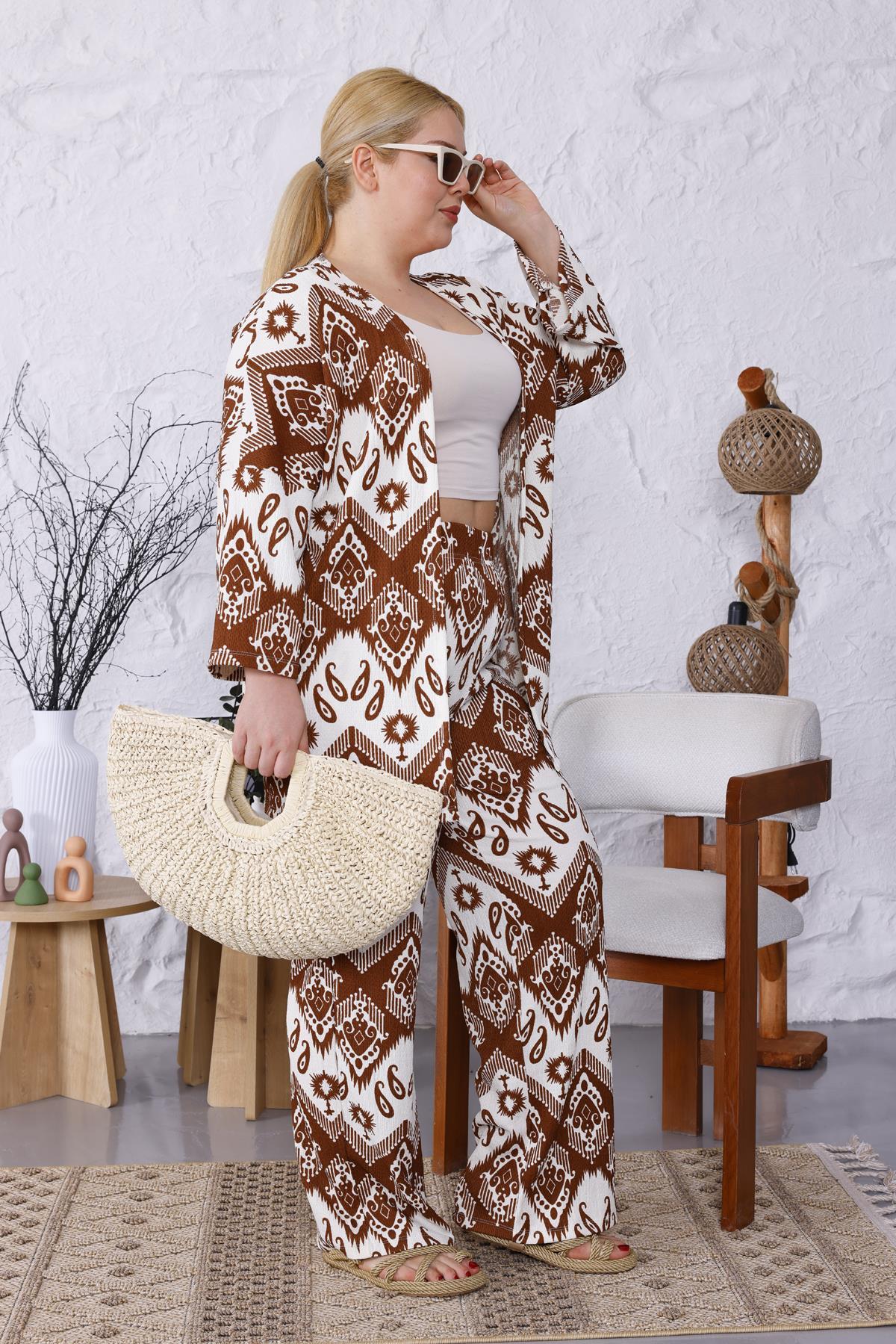 İkili Takım Büyük Beden Şal Desen Kimono Takım