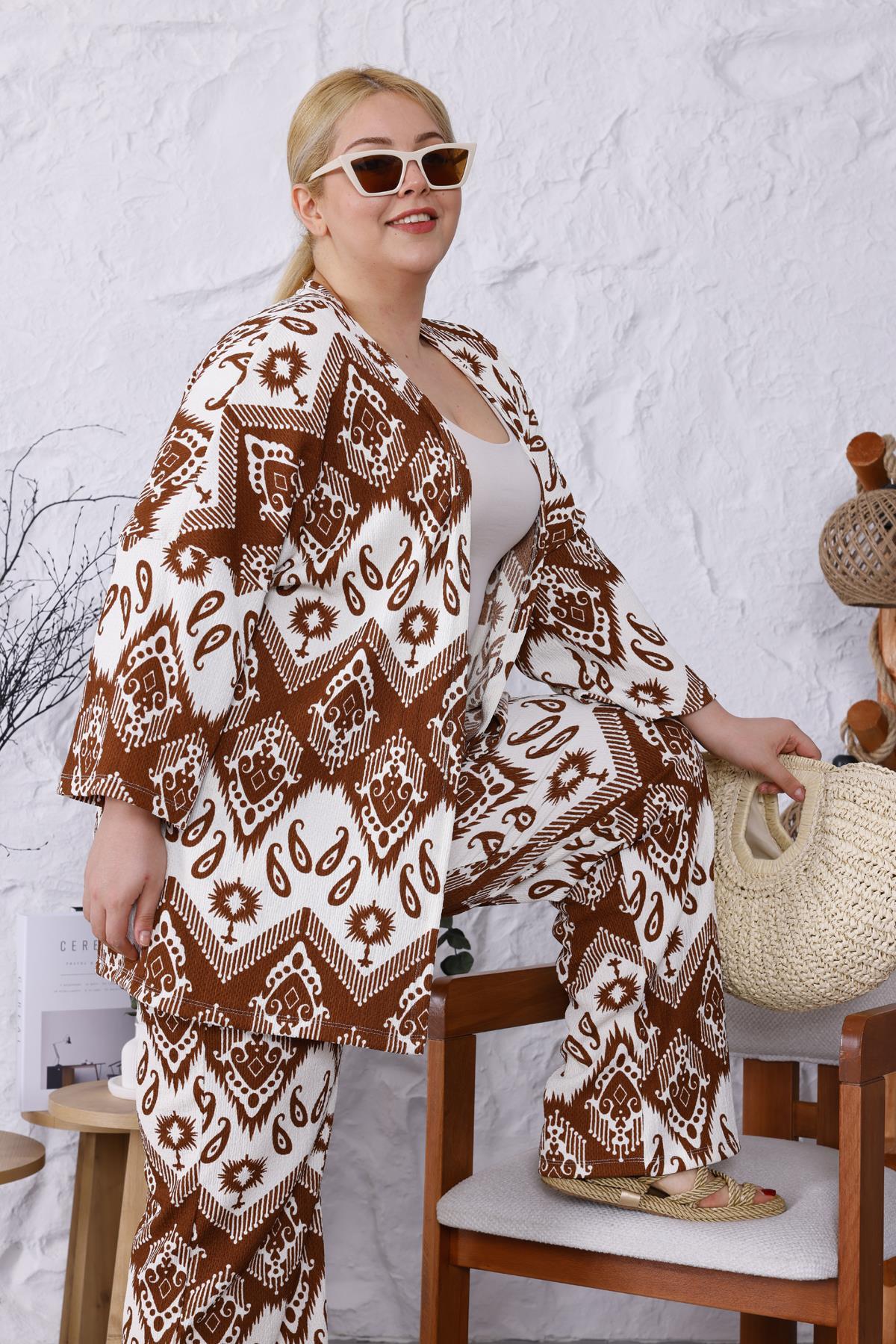 İkili Takım Büyük Beden Şal Desen Kimono Takım