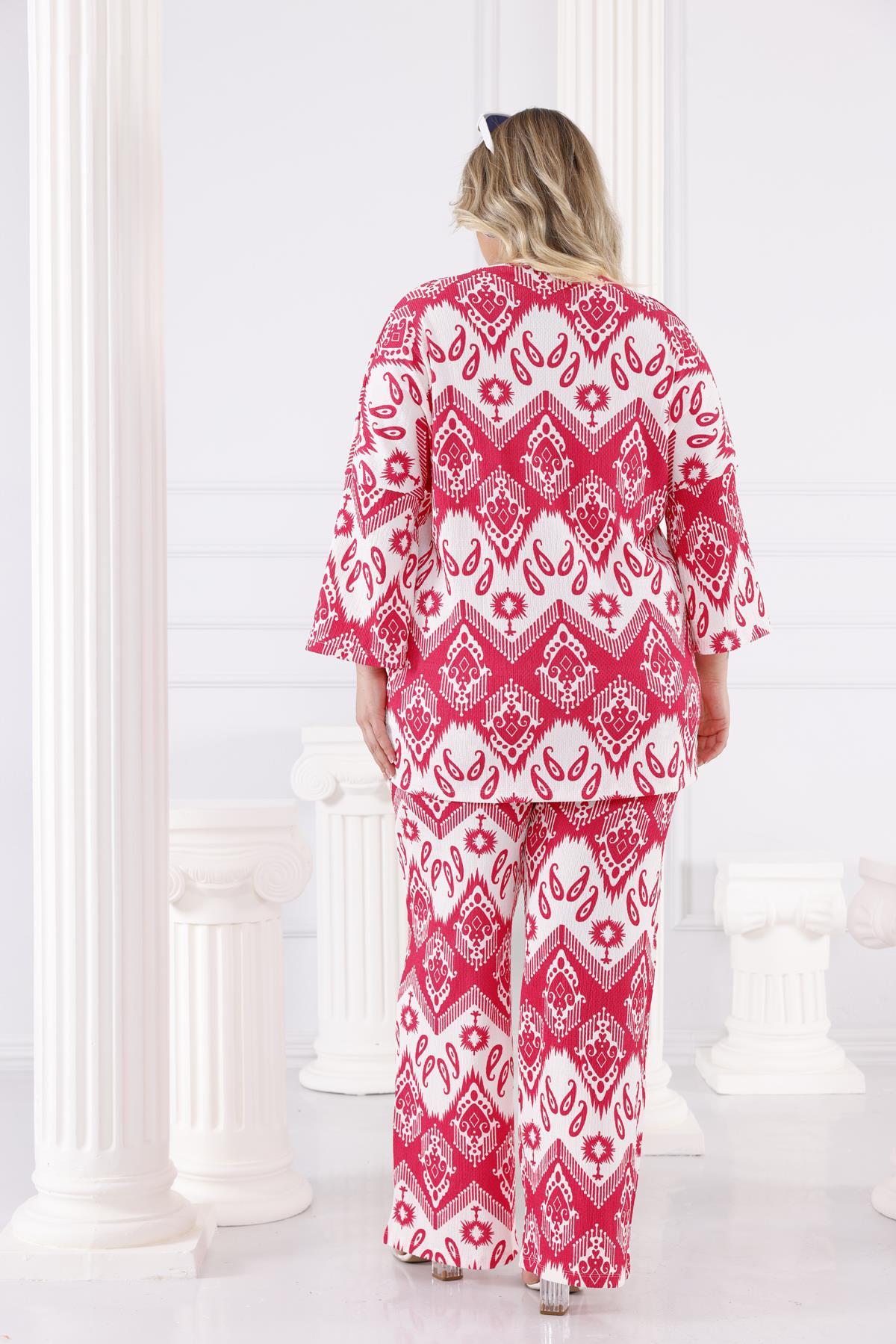 İkili Takım Büyük Beden Şal Desen Kimono Takım