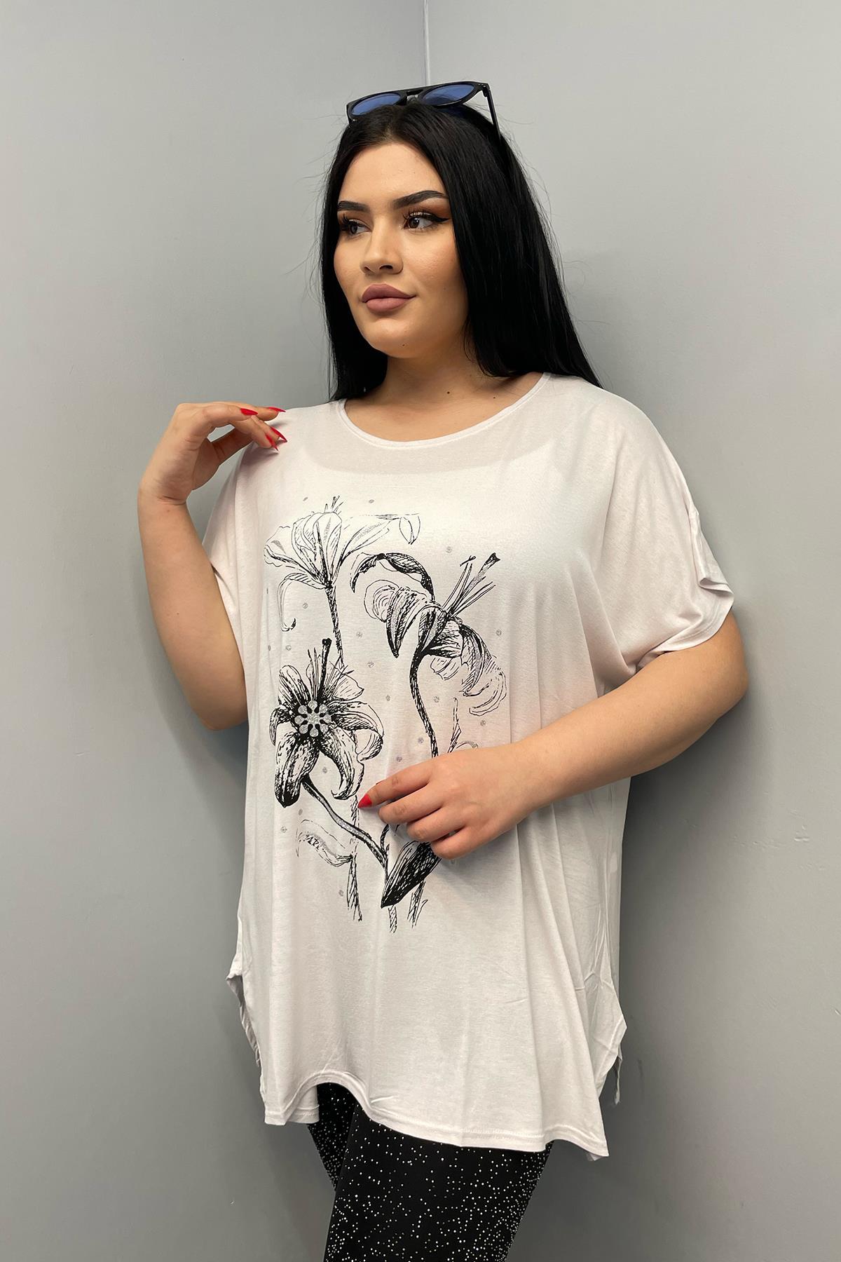 Tshirt Büyük Beden Salaş Baskılı Penye T-Shirt Beyaz