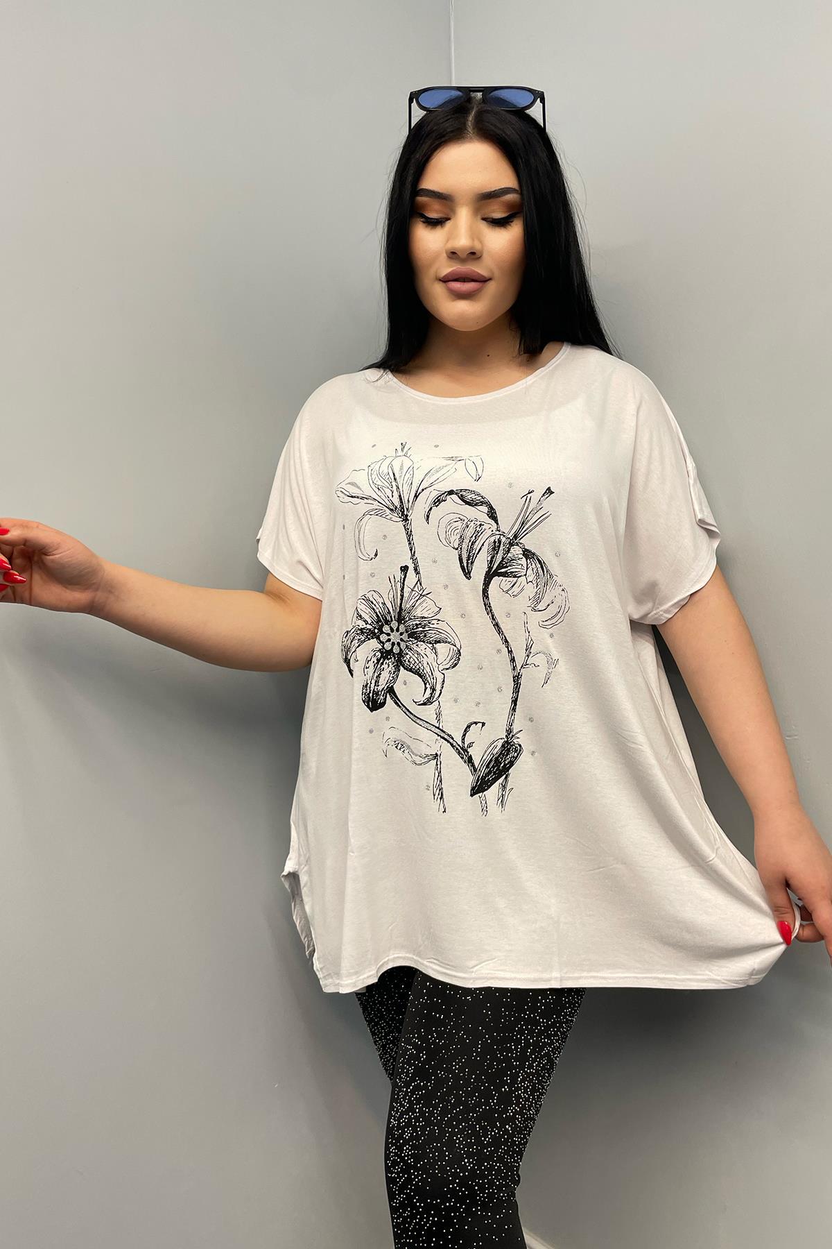Tshirt Büyük Beden Salaş Baskılı Penye T-Shirt Beyaz