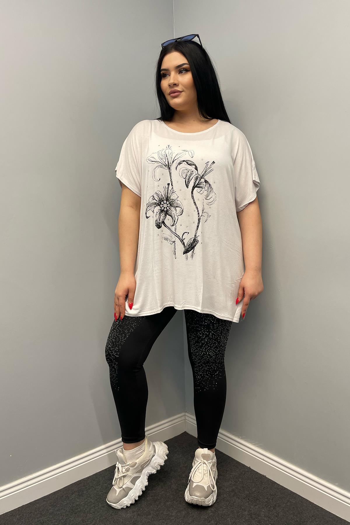 Tshirt Büyük Beden Salaş Baskılı Penye T-Shirt Beyaz