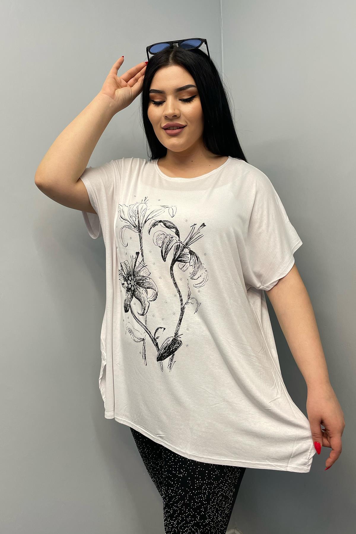 Tshirt Büyük Beden Salaş Baskılı Penye T-Shirt Beyaz